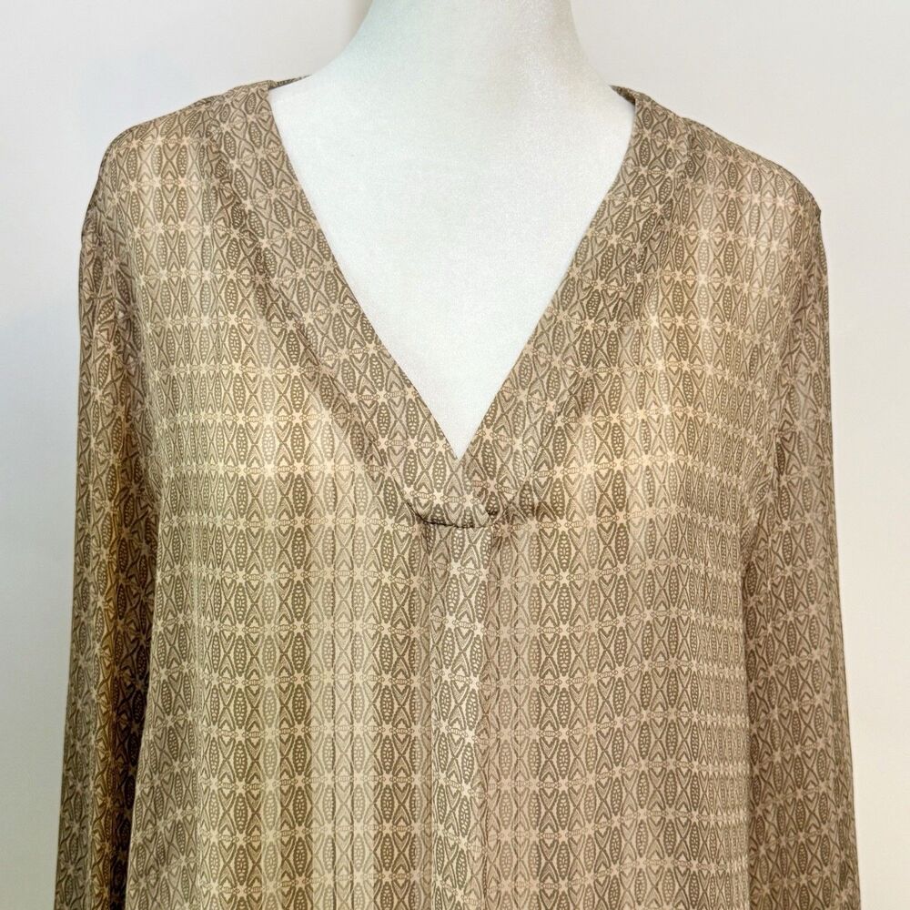 SUSINA Long Sleeve Sheer Blouse V-Neck Tunic Women's L Tan Brown Geometric Boho